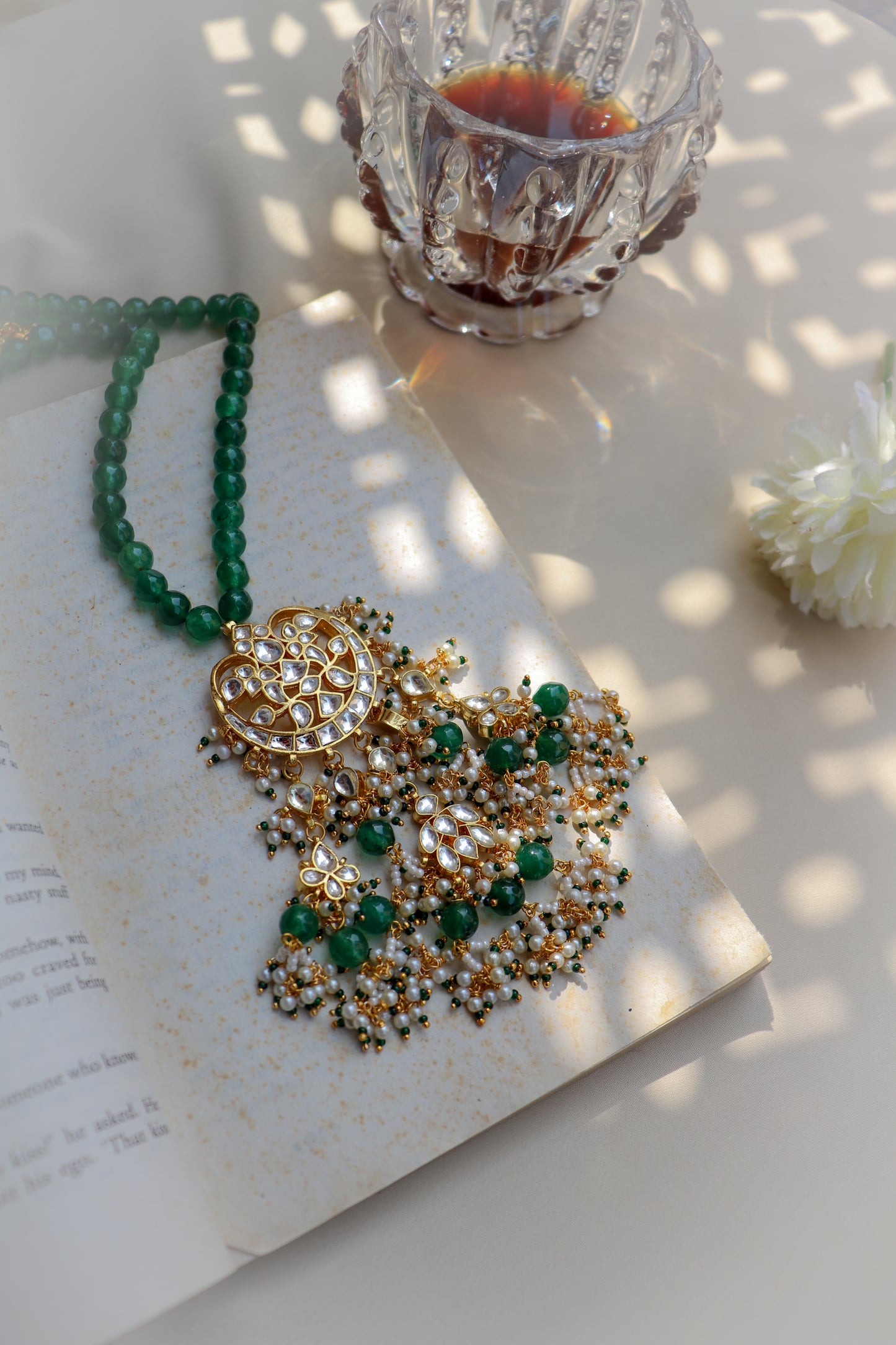 Urooz Green Kundan Pendant Necklace