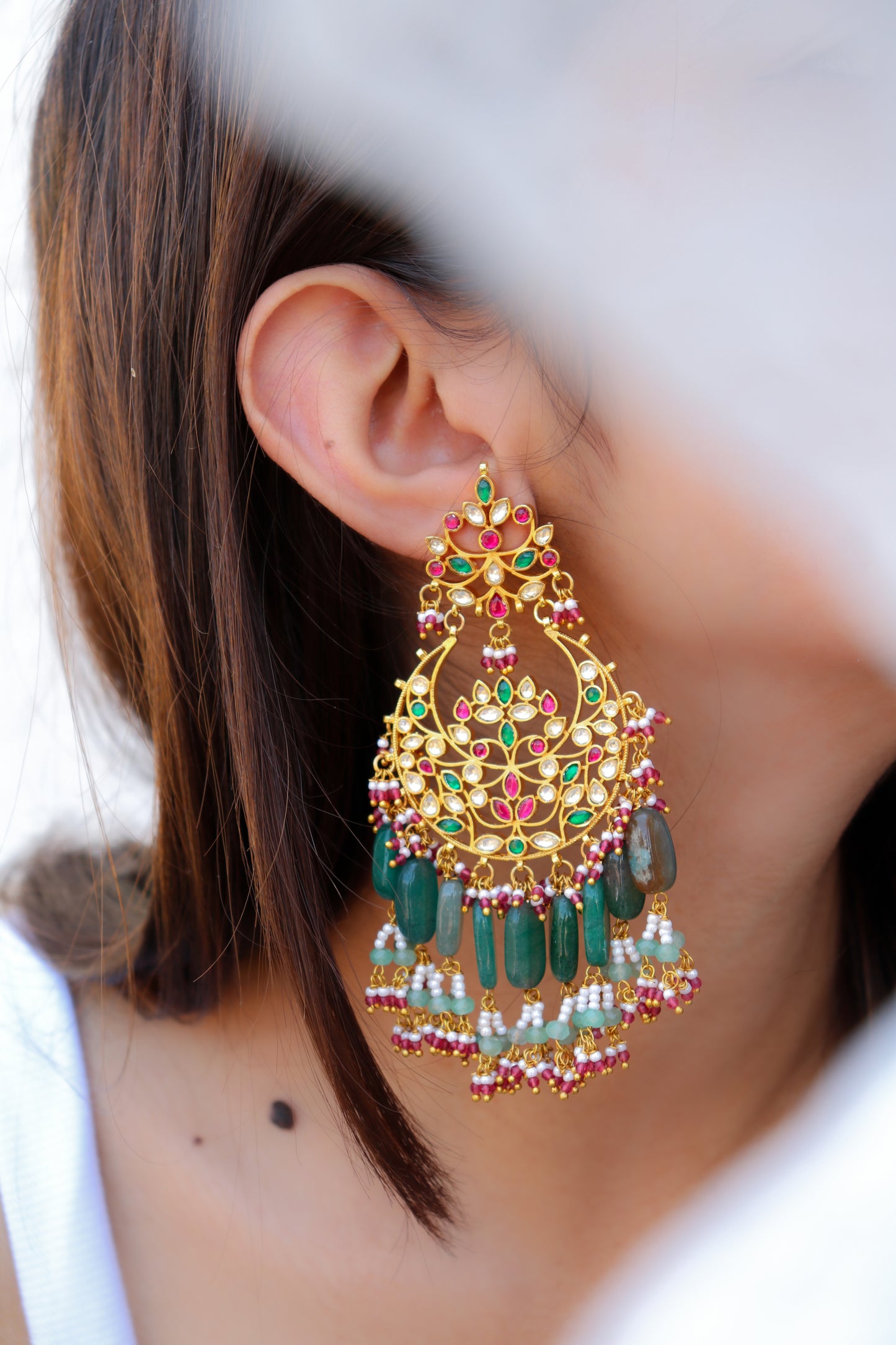 Utkarsh Green-Pink Chandbali Earrings