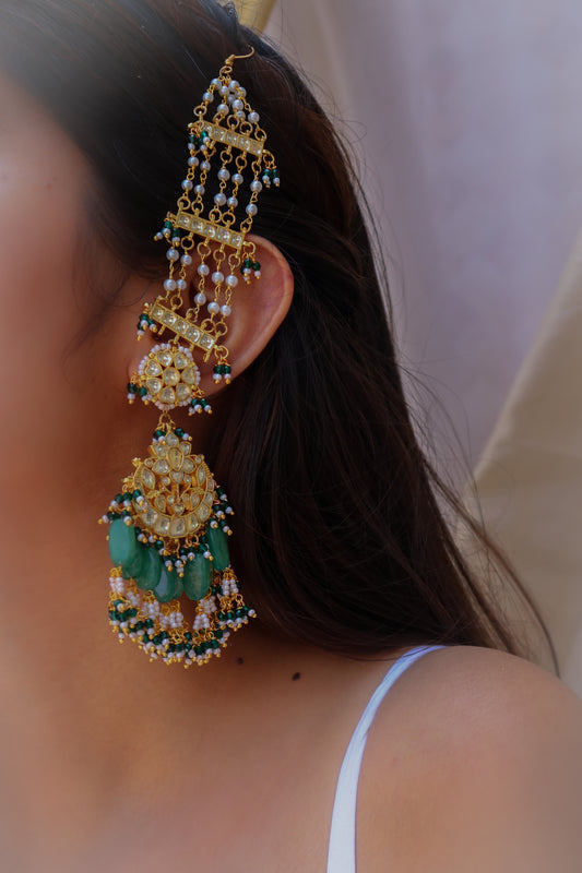 Saki Green Kundan Chandbali Earrings