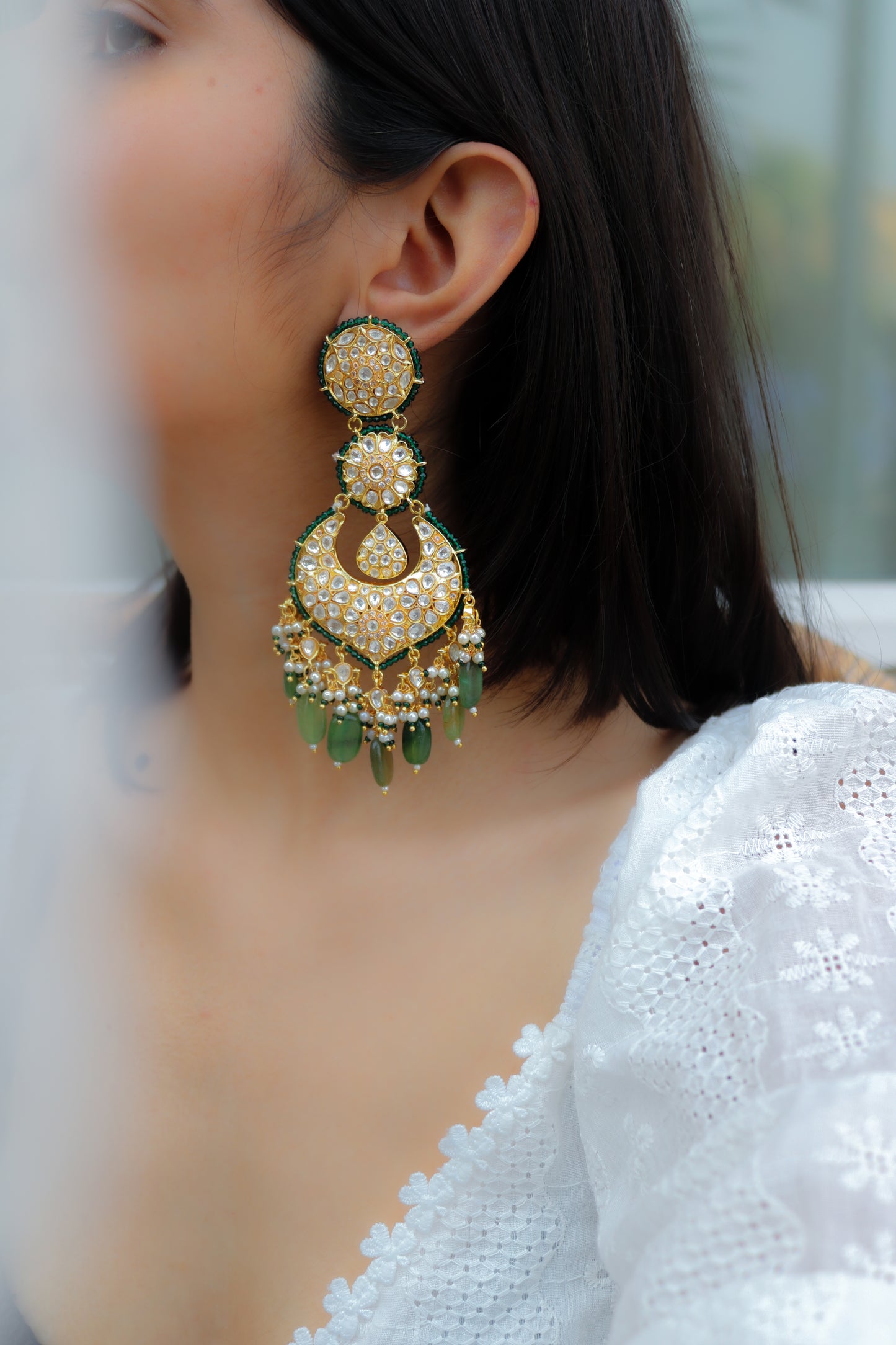 Nimra Kundan Green Chandbali Earrings