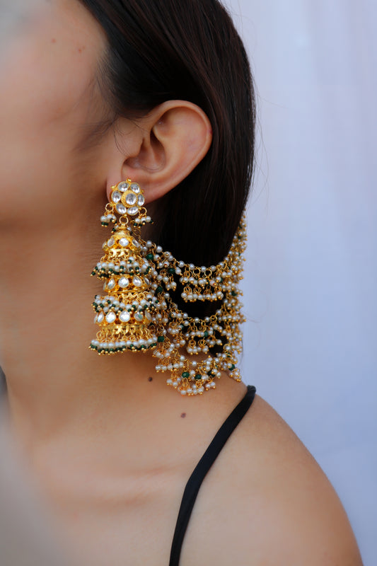 Kiza Green Jhumka Earrings With Ear Chain