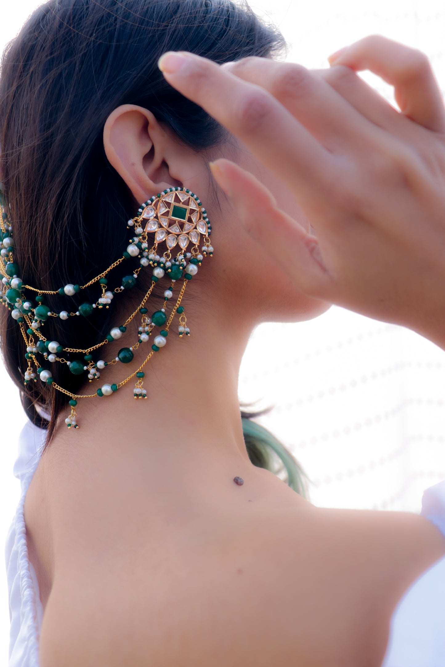 Twisha Green Kundan Earrings with Ear Chain