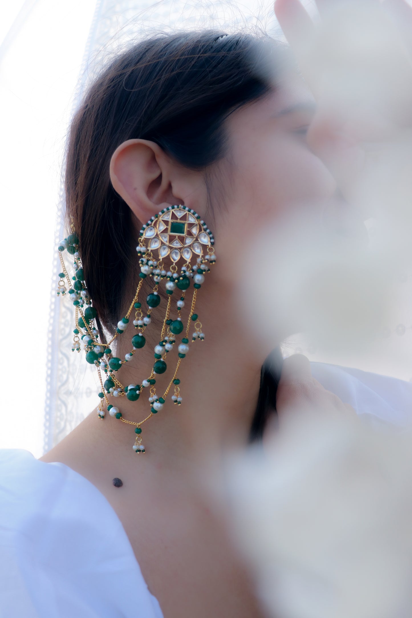 Twisha Green Kundan Earrings with Ear Chain